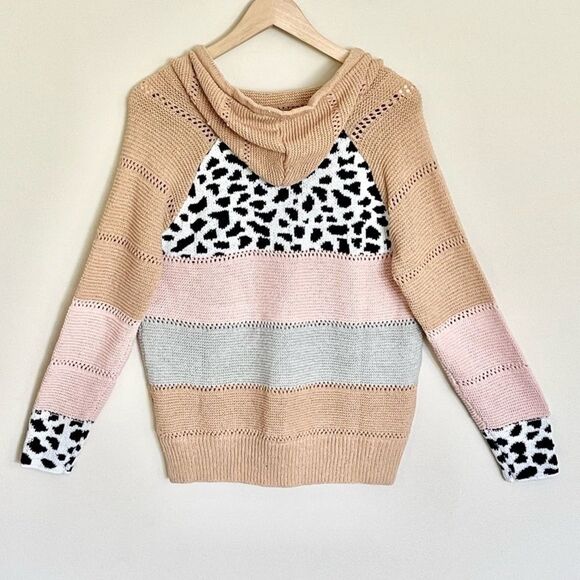 Misslook Fall Animal Print Color Block V Neck Woven Sweater Hoodie Women’s L - Picture 3 of 6